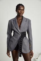 Women's structured belted waist blazer with notched lapels and long sleeves