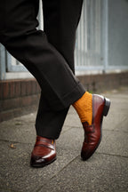 Men's brown square toe keeper loafers with low block heel