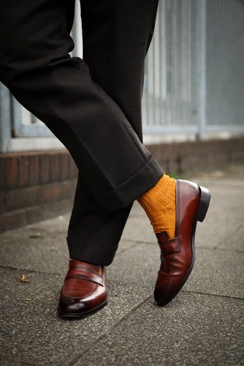 Men's brown square toe keeper loafers with low block heel