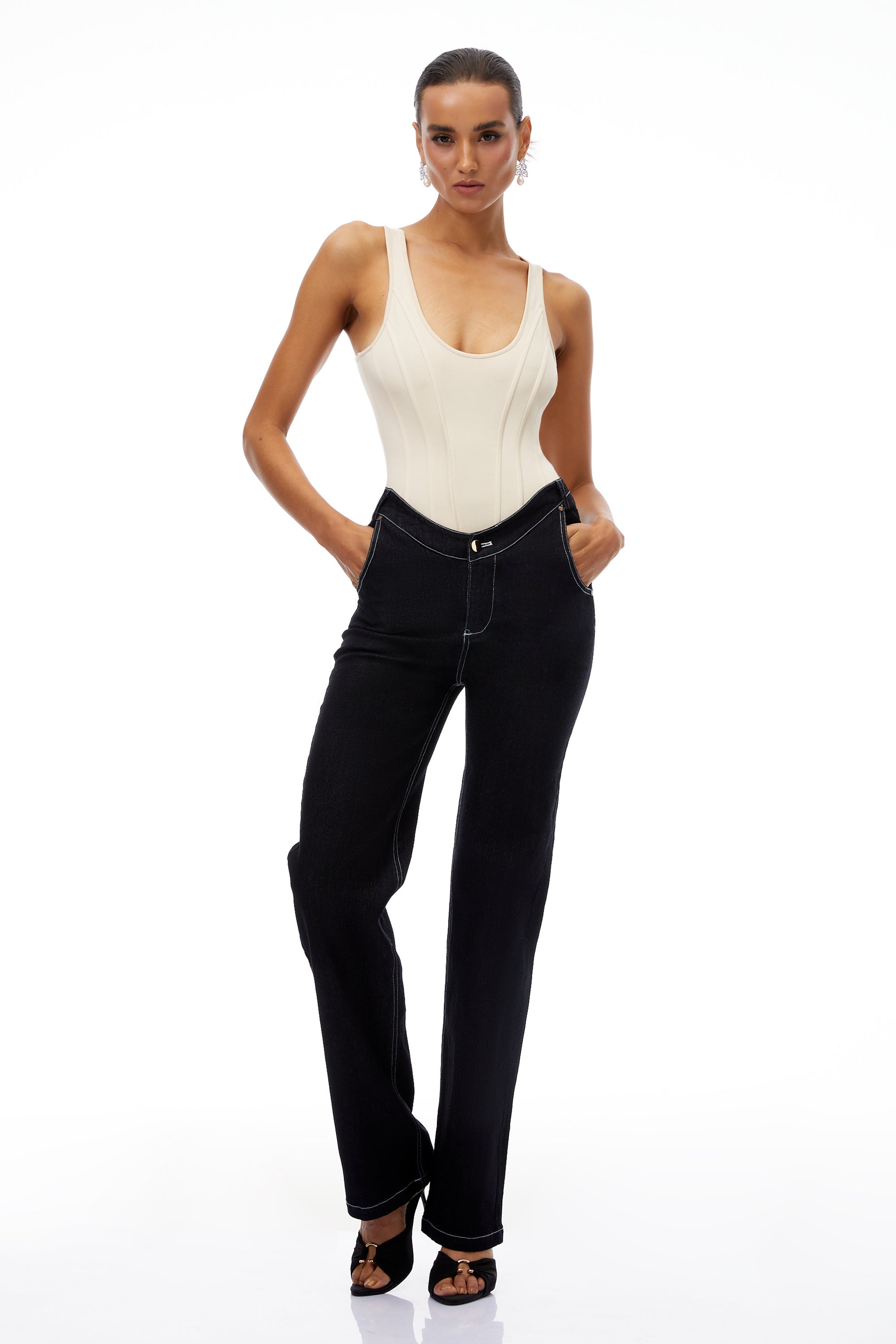 Women's U-neck bodysuit with black straight leg jeans set