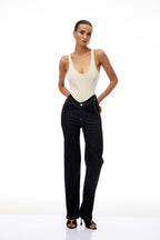 Women's U-neck bodysuit with black straight leg jeans set