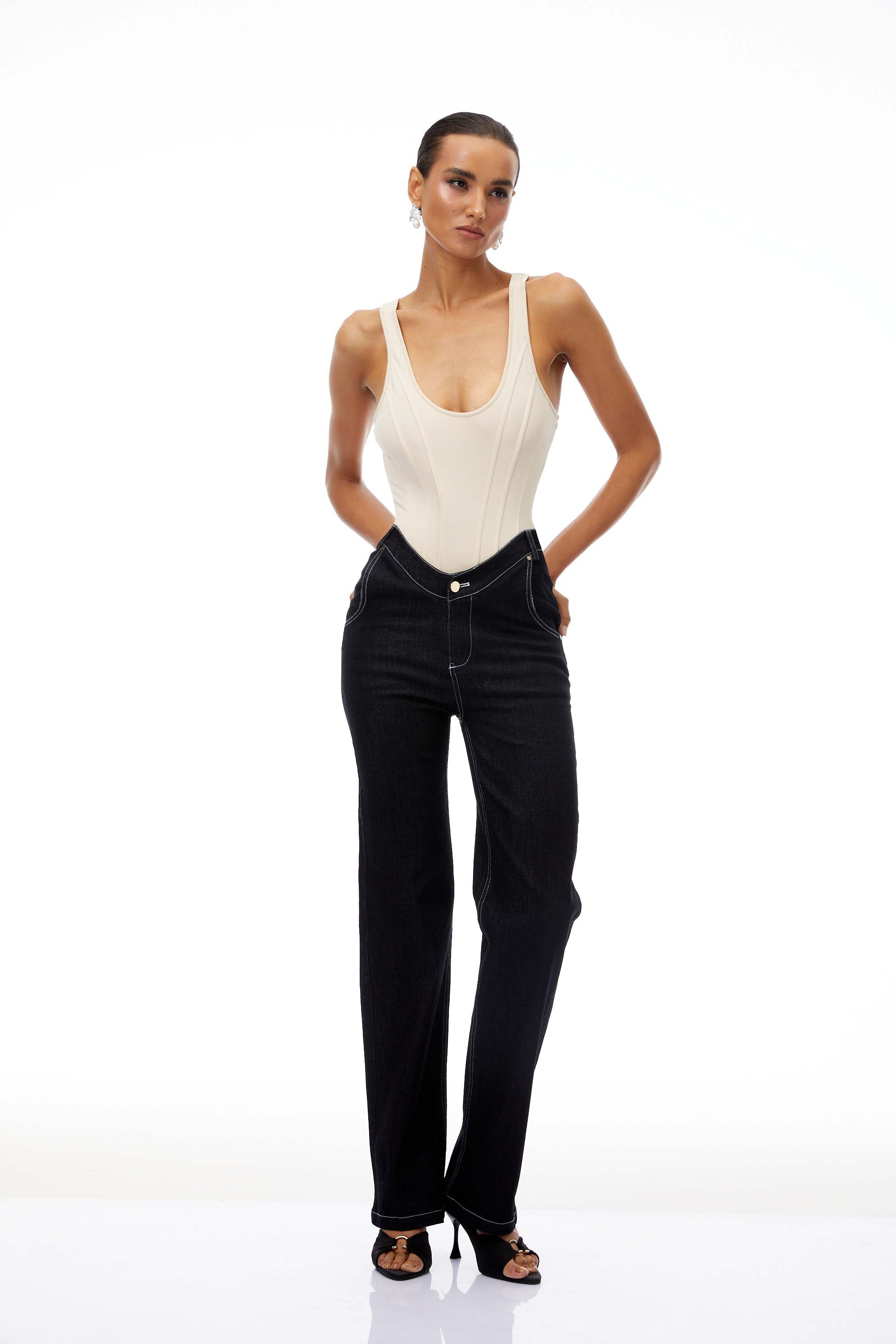 Women's U-neck bodysuit with black straight leg jeans set