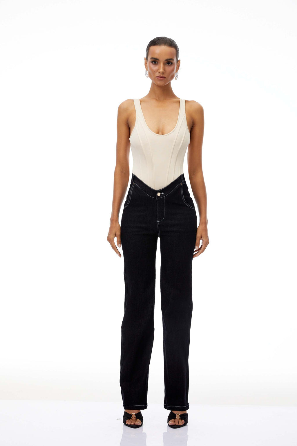 Women's U-neck bodysuit with black straight leg jeans set