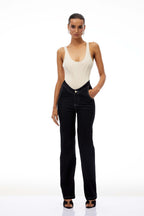Women's U-neck bodysuit with black straight leg jeans set