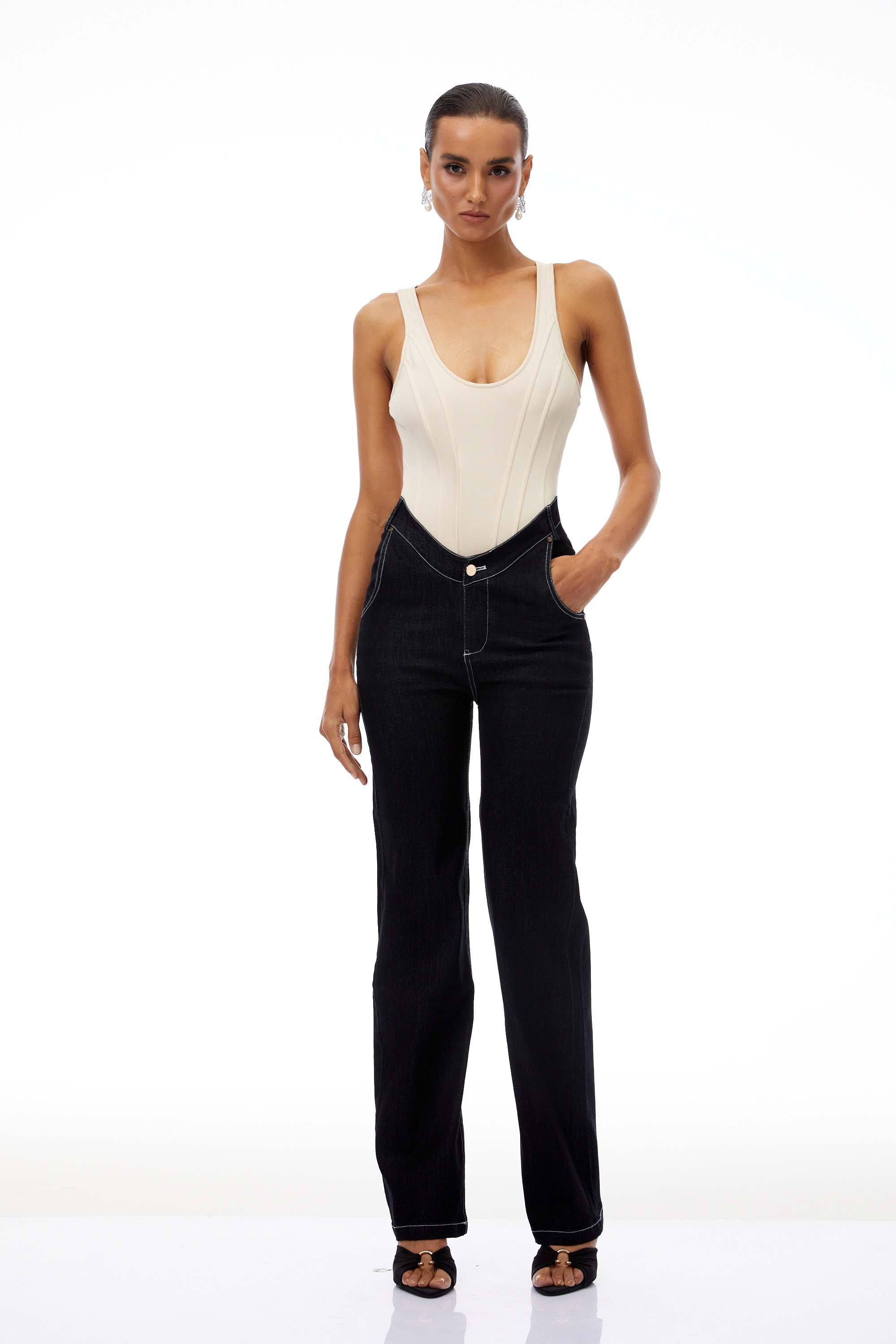 Women's U-neck bodysuit with black straight leg jeans set