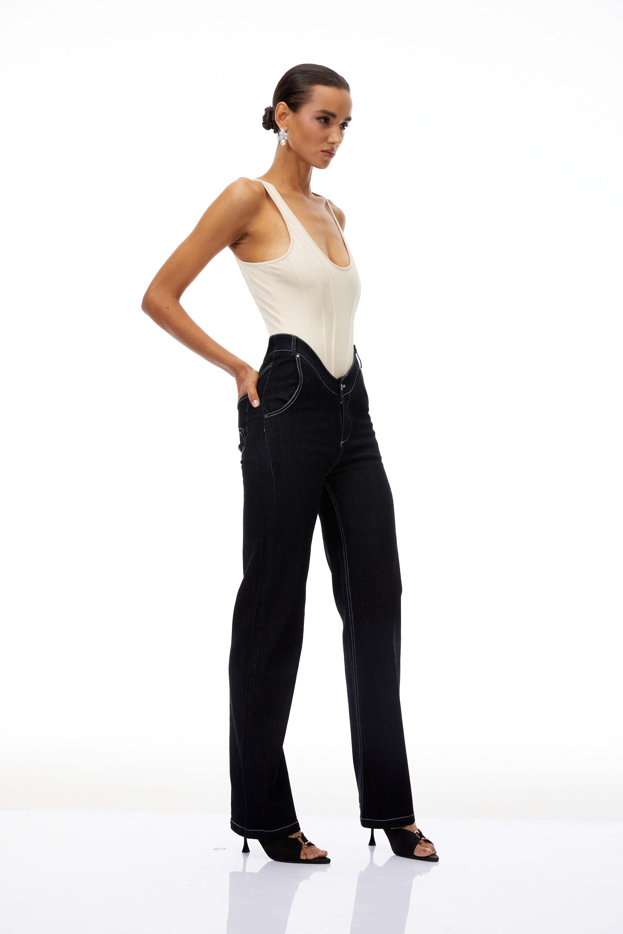Women's U-neck bodysuit with black straight leg jeans set