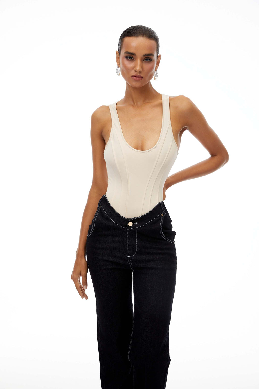 Women's U-neck bodysuit with black straight leg jeans set