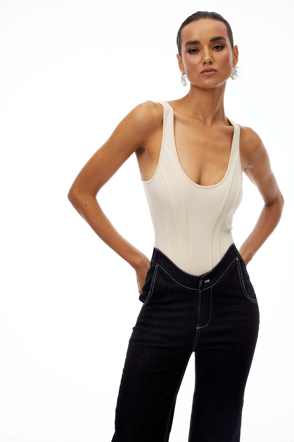 Women's U-neck bodysuit with black straight leg jeans set