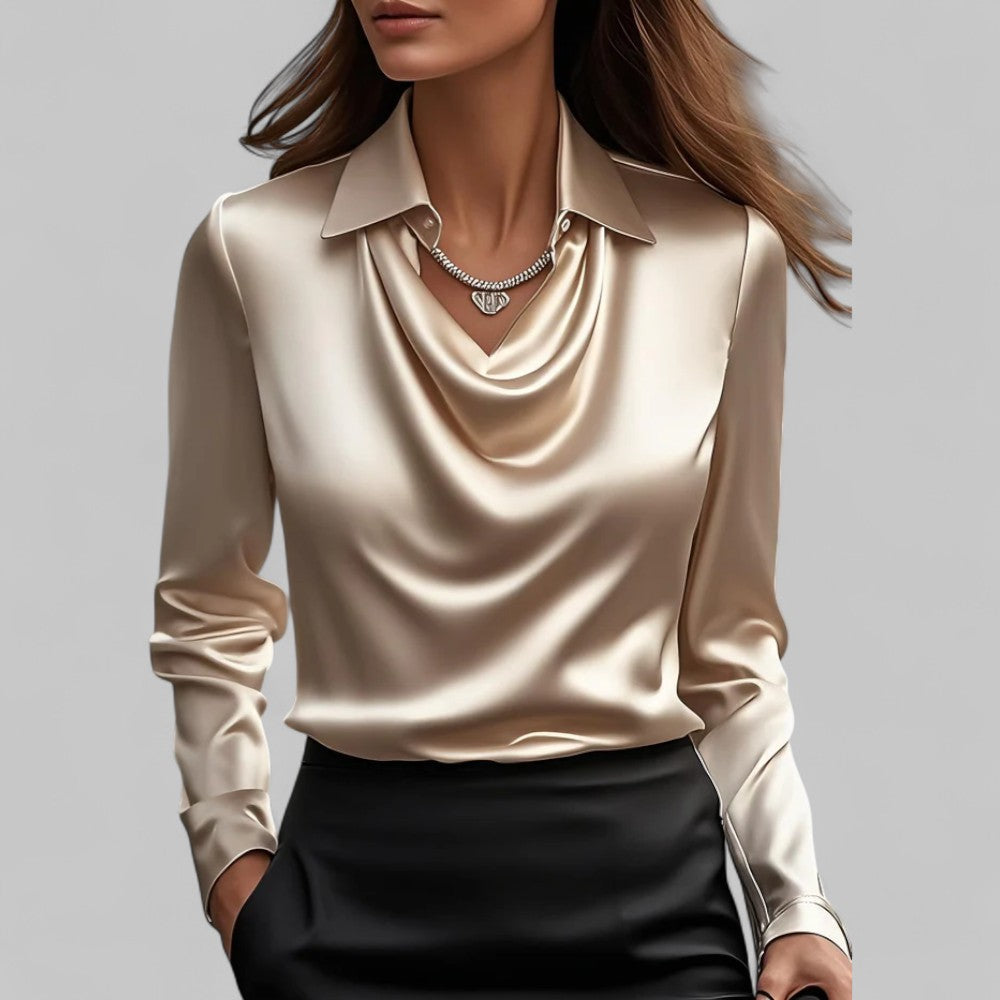 Women's long-sleeve blouse with draped neckline and pointed collar