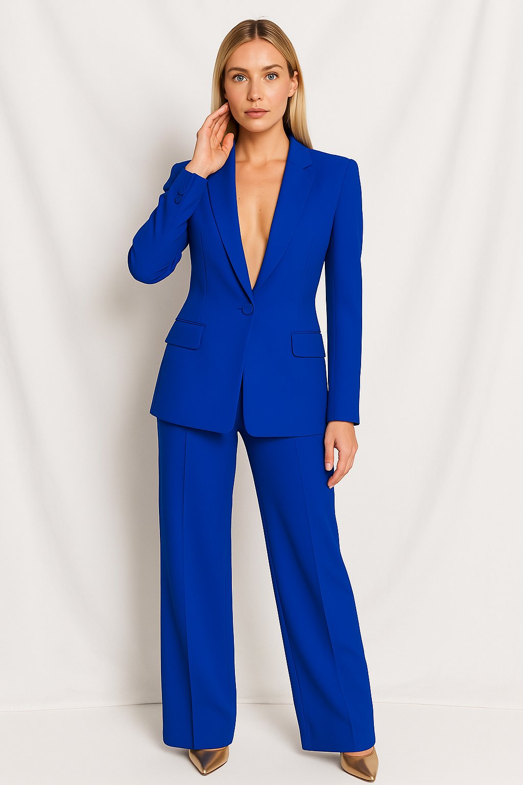 Women's two-piece suit with notched blazer and matching straight trousers