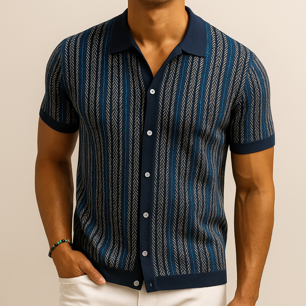 Men's vertical striped short sleeve button-down shirt with collar