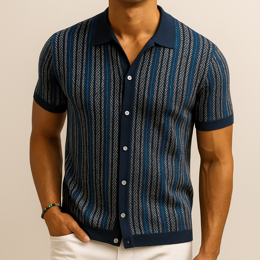 Men's vertical striped short sleeve button-down shirt with collar