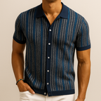 Men's vertical striped short sleeve button-down shirt with collar