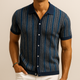 Men's vertical striped short sleeve button-down shirt with collar