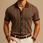 Men's vertical striped short sleeve button-down shirt with collar