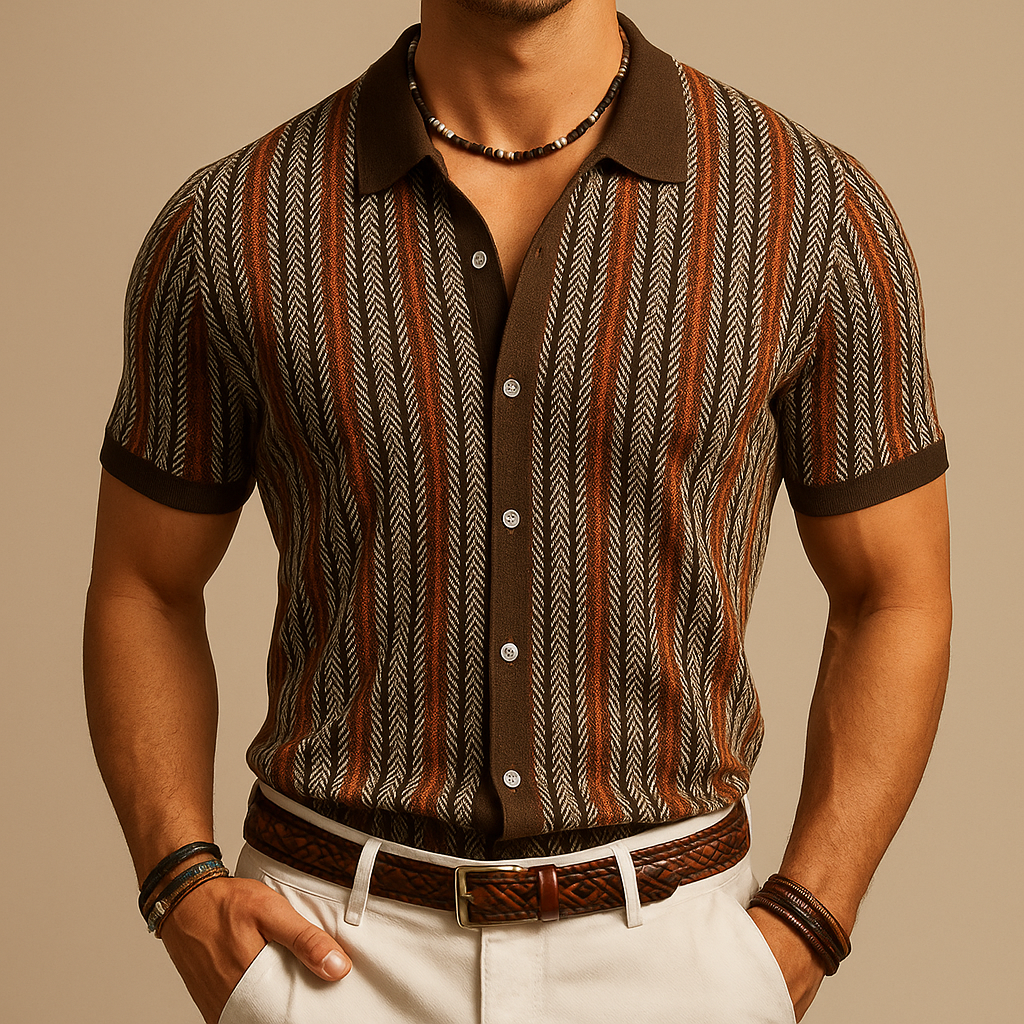 Men's vertical striped short sleeve button-down shirt with collar