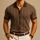 Men's vertical striped short sleeve button-down shirt with collar
