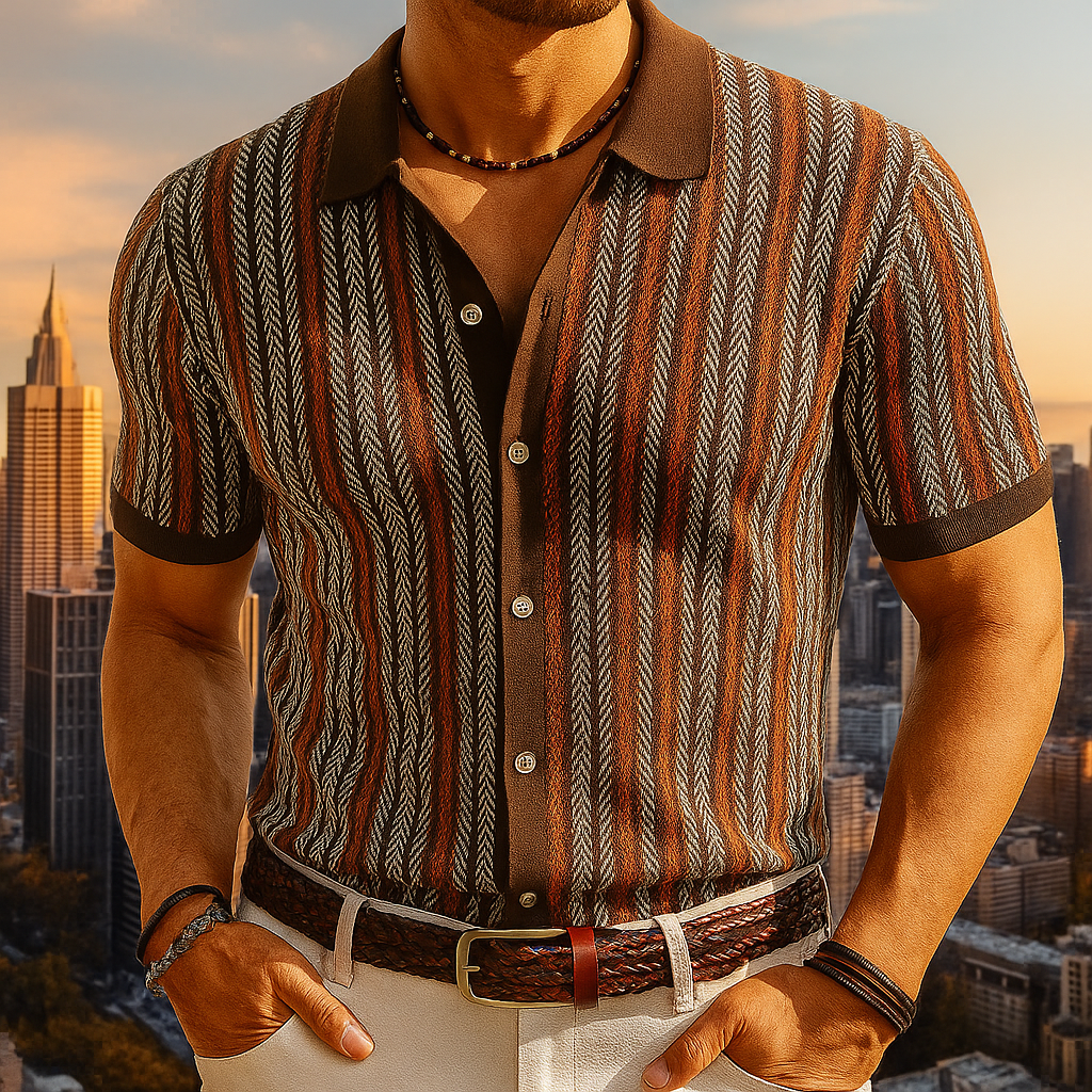 Men's vertical striped short sleeve button-down shirt with collar