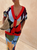 Women's multicolour geometric knit cardigan with V-neck