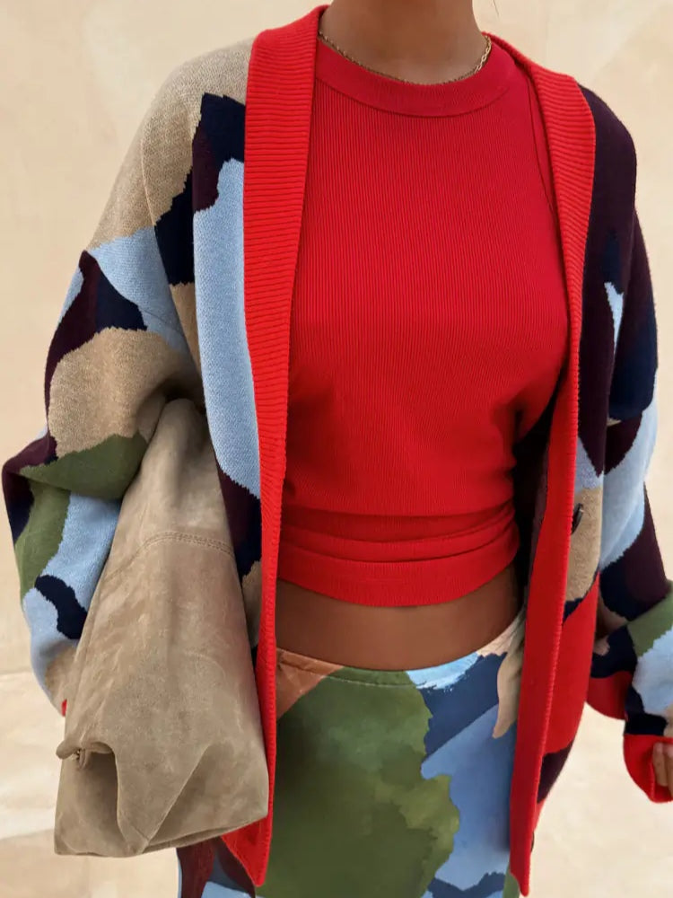 Women's multicolour geometric knit cardigan with V-neck