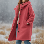 Women's long hooded button-front coat with folded cuffs