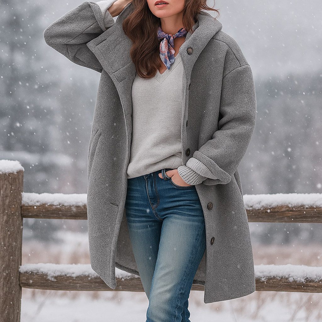 Women's long hooded button-front coat with folded cuffs