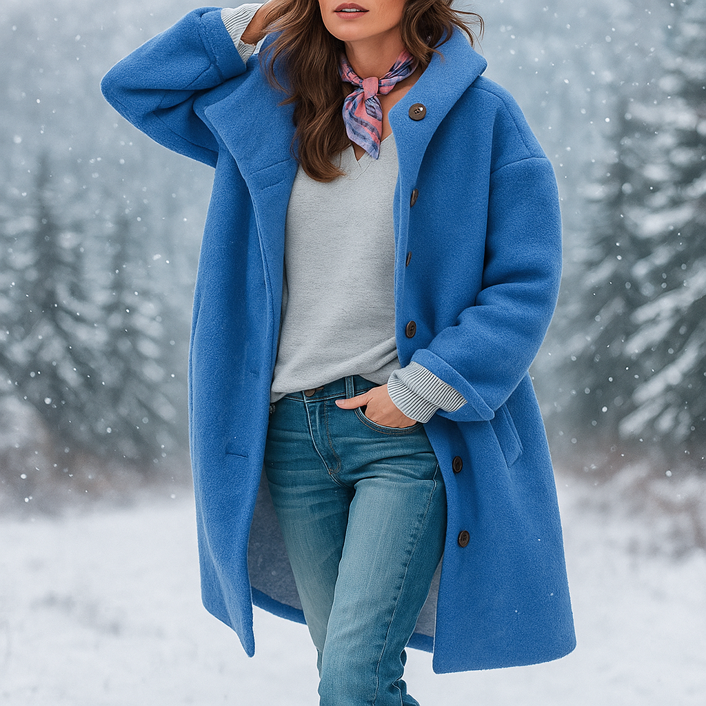 Women's long hooded button-front coat with folded cuffs