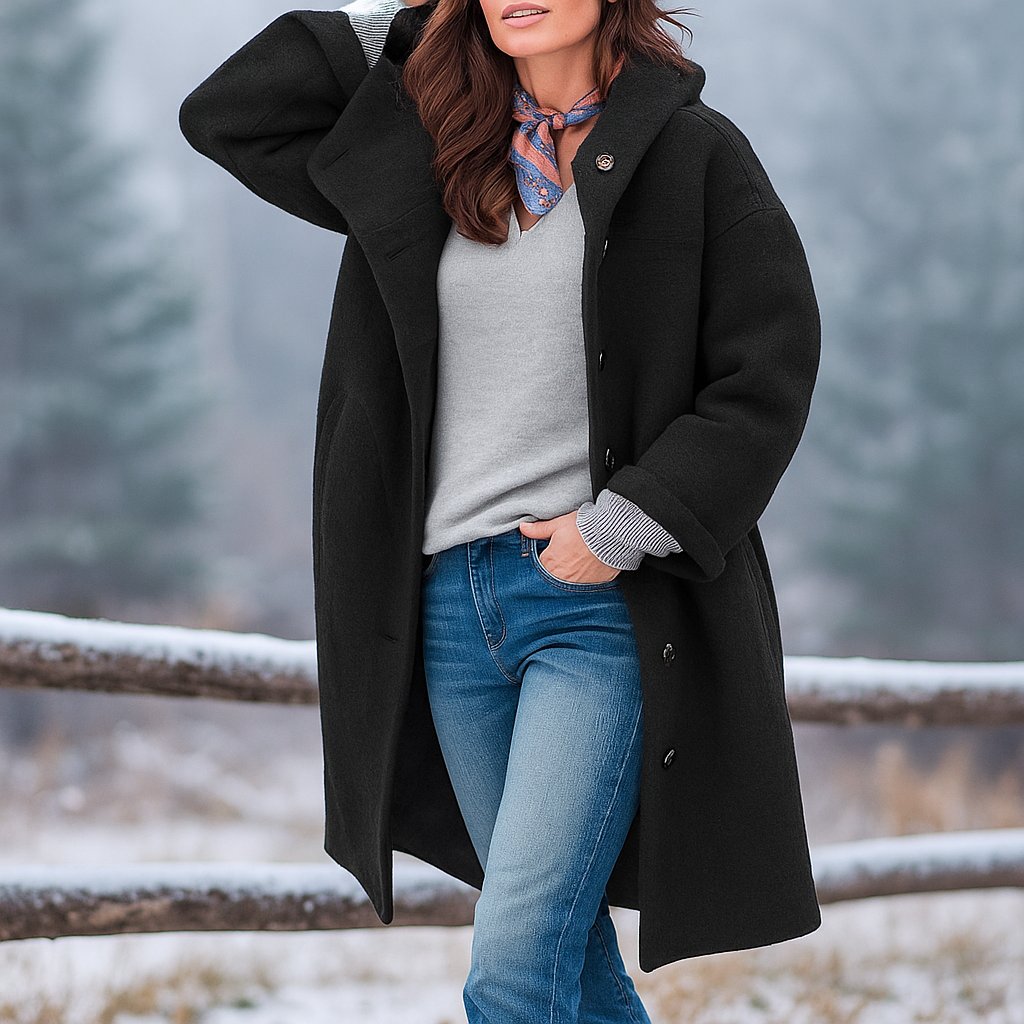 Women's long hooded button-front coat with folded cuffs