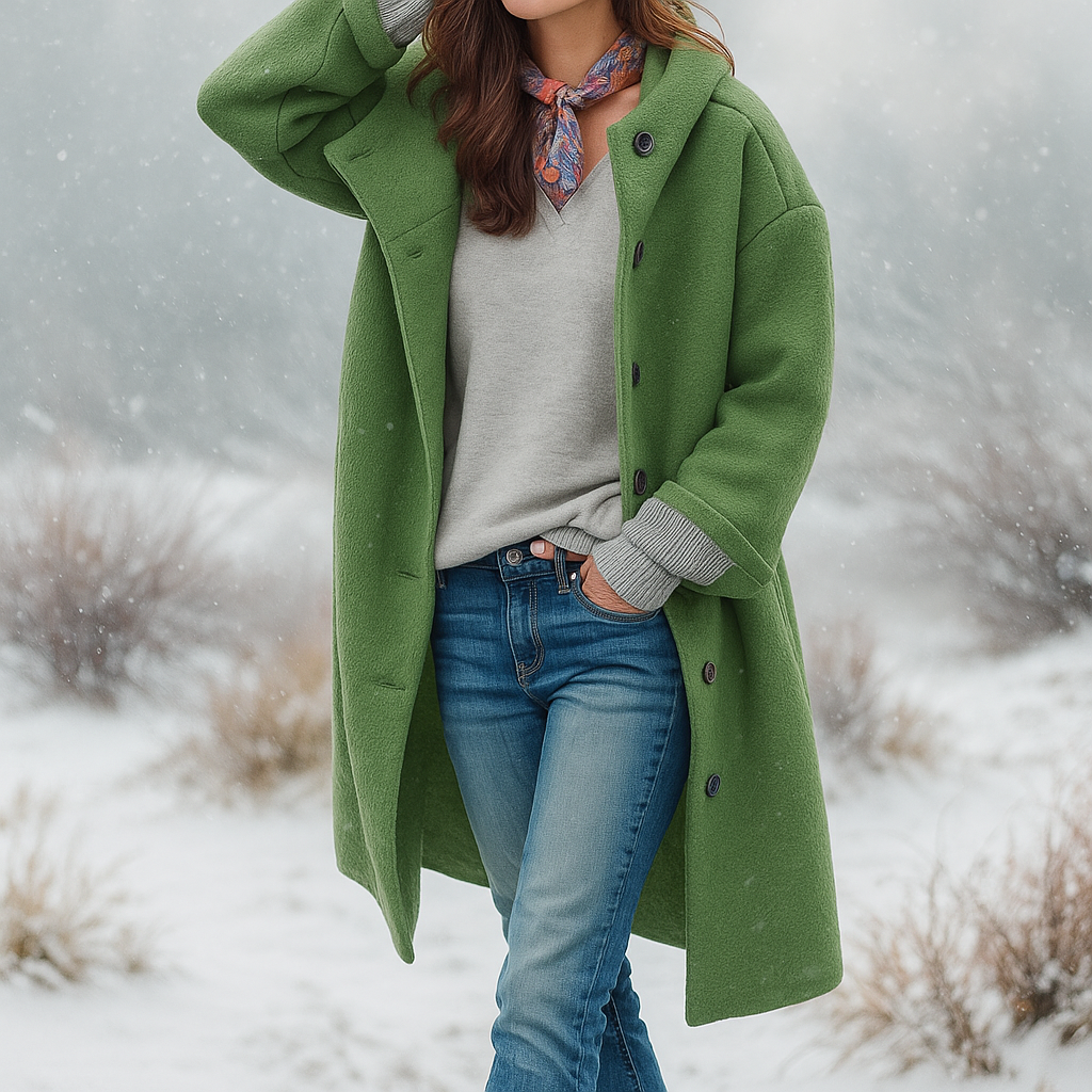 Women's long hooded button-front coat with folded cuffs