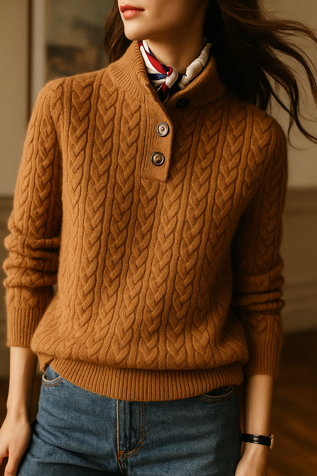 Women's cable knit sweater with buttoned stand collar and long sleeves