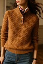 Women's cable knit sweater with buttoned stand collar and long sleeves