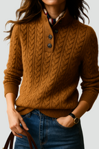 Women's cable knit sweater with buttoned stand collar and long sleeves