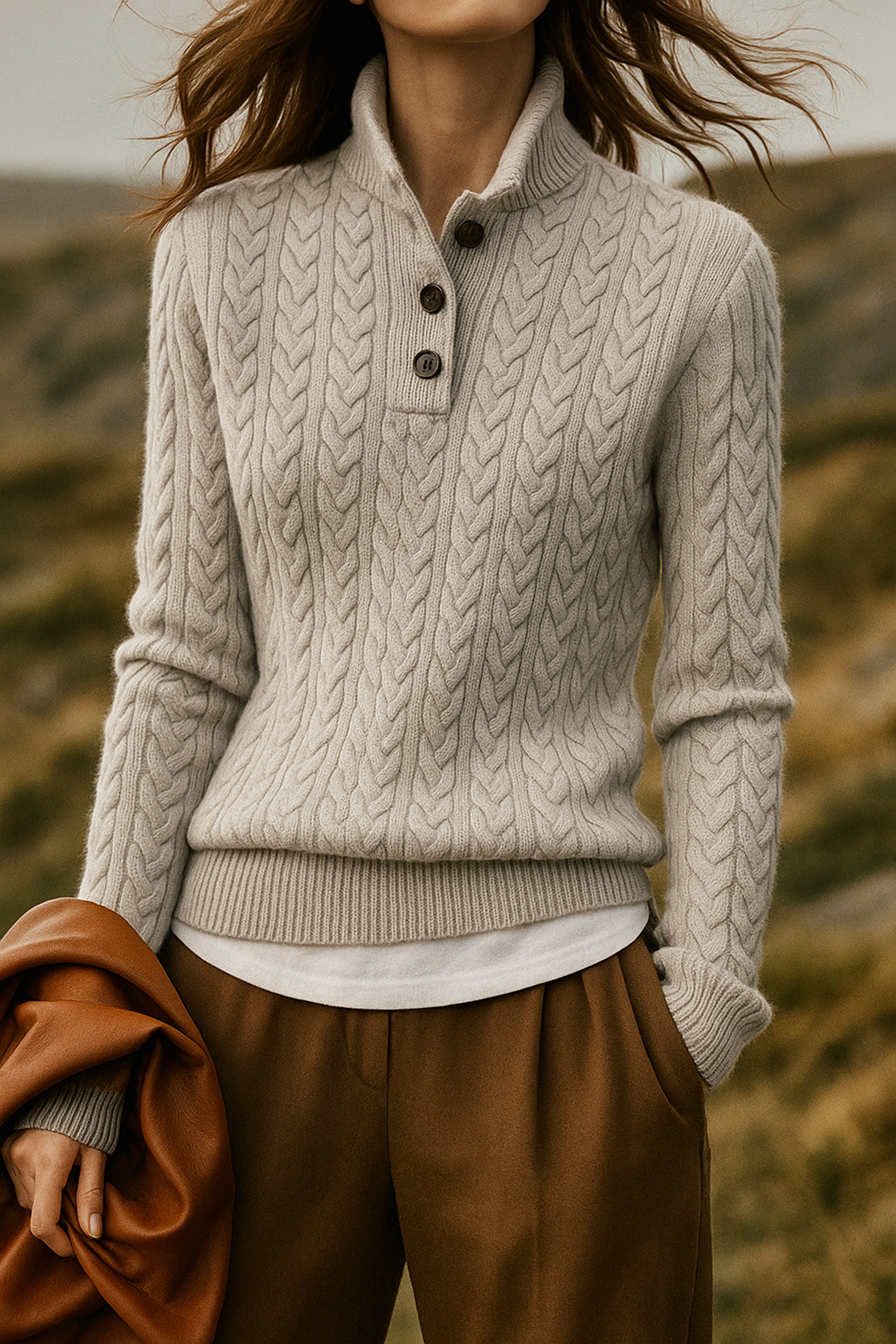 Women's cable knit sweater with buttoned stand collar and long sleeves