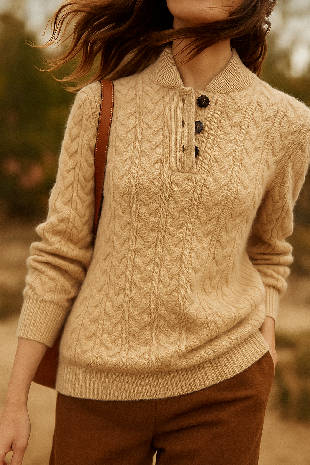Women's cable knit sweater with buttoned stand collar and long sleeves