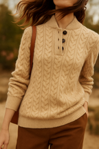 Women's cable knit sweater with buttoned stand collar and long sleeves