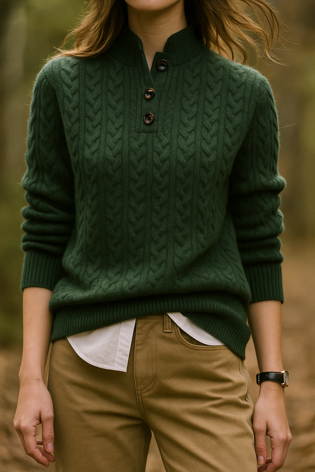Women's cable knit sweater with buttoned stand collar and long sleeves