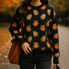 Women's crew neck sweater with repeated maple leaf pattern and long sleeves