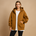 Women's oversized hooded zip-up sweatshirt with front pockets and long sleeves