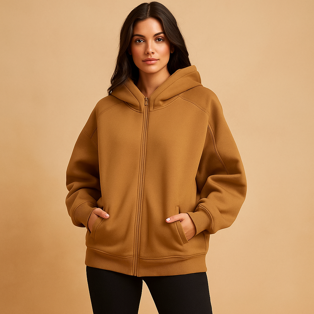 Women's oversized hooded zip-up sweatshirt with front pockets and long sleeves