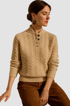 Women's cable knit sweater with buttoned stand collar and long sleeves