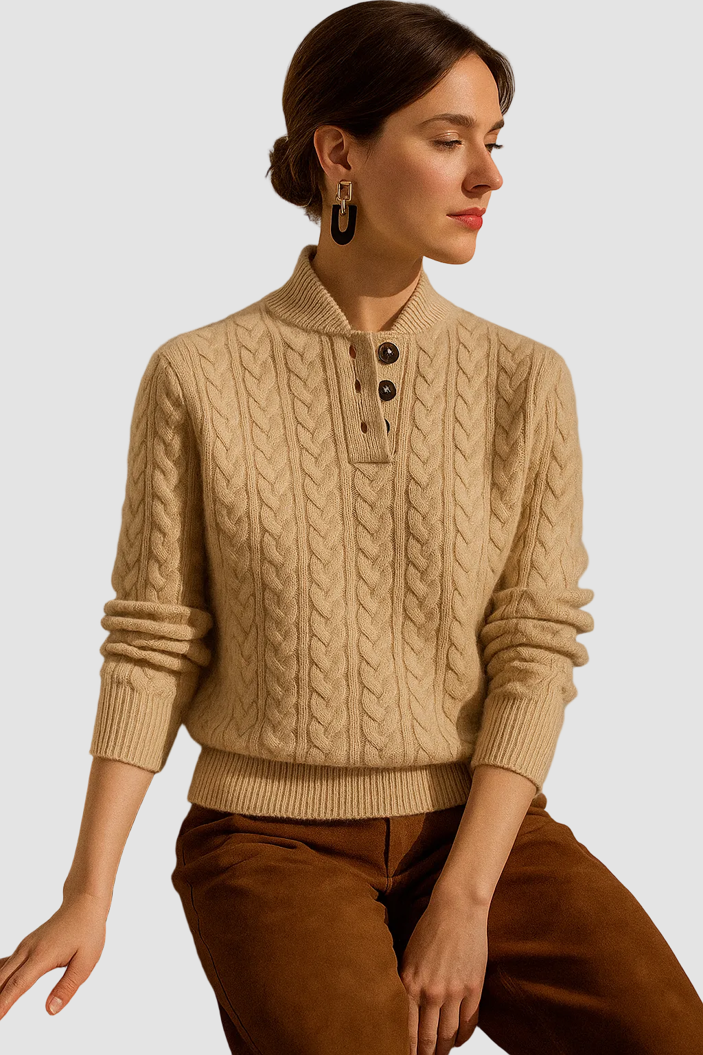 Women's cable knit sweater with buttoned stand collar and long sleeves