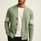 Men's cardigan with button front, patch pockets and striped long sleeves