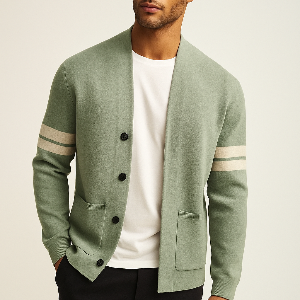 Men's cardigan with button front, patch pockets and striped long sleeves