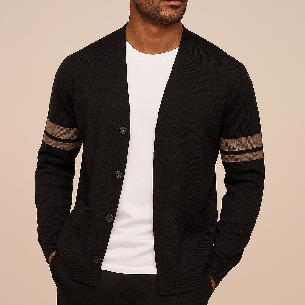 Men's cardigan with button front, patch pockets and striped long sleeves