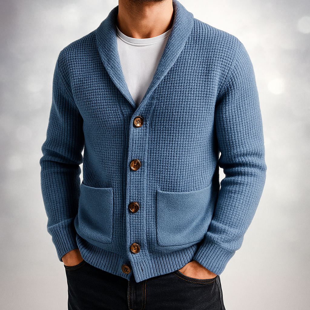 Textured knitted cardigan with shawl collar, buttons and patch pockets