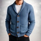 Textured knitted cardigan with shawl collar, buttons and patch pockets