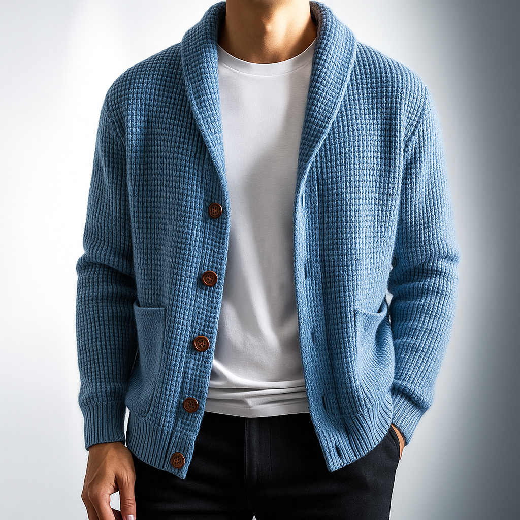 Textured knitted cardigan with shawl collar, buttons and patch pockets