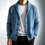 Textured knitted cardigan with shawl collar, buttons and patch pockets