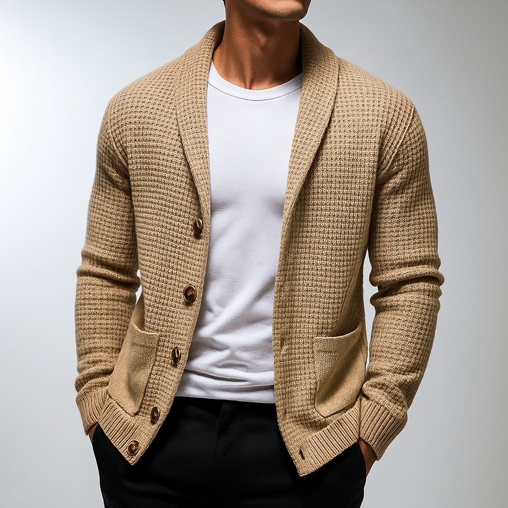 Textured knitted cardigan with shawl collar, buttons and patch pockets