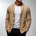 Textured knitted cardigan with shawl collar, buttons and patch pockets